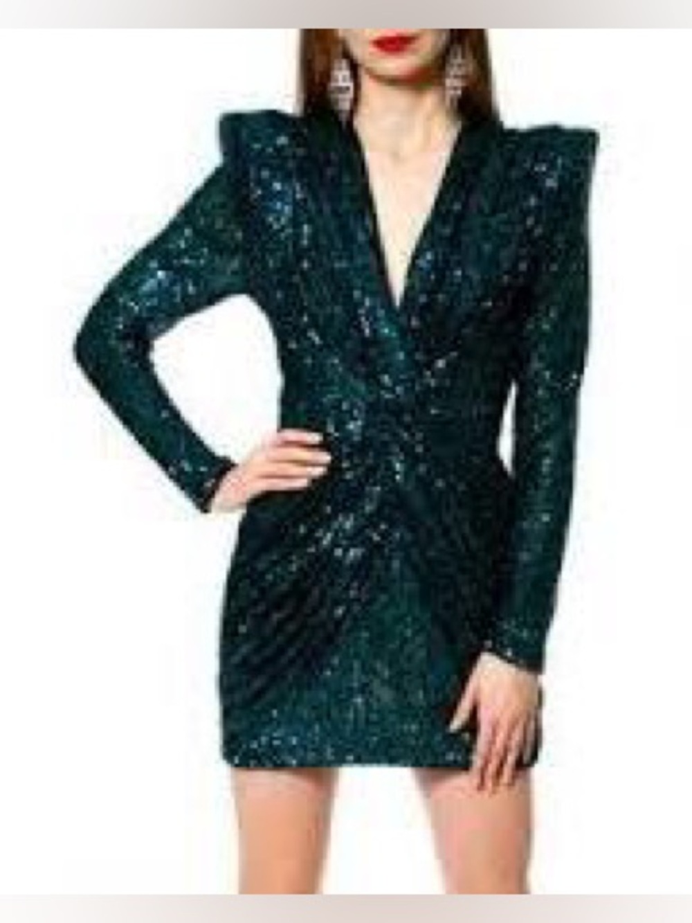 🟩AGGI Emerald Green Sequin V-Neck Long Sleeve Mini Dress🟩